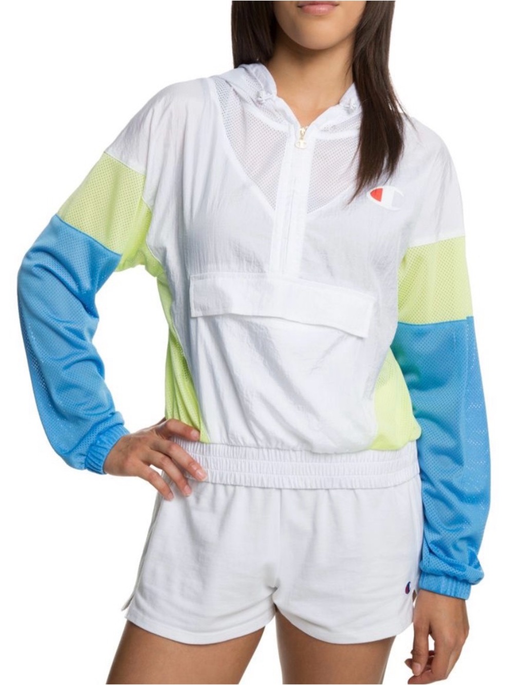 Champion - White Hooded Pullover Windbreaker with Blue & Green Mesh Panels sz XS